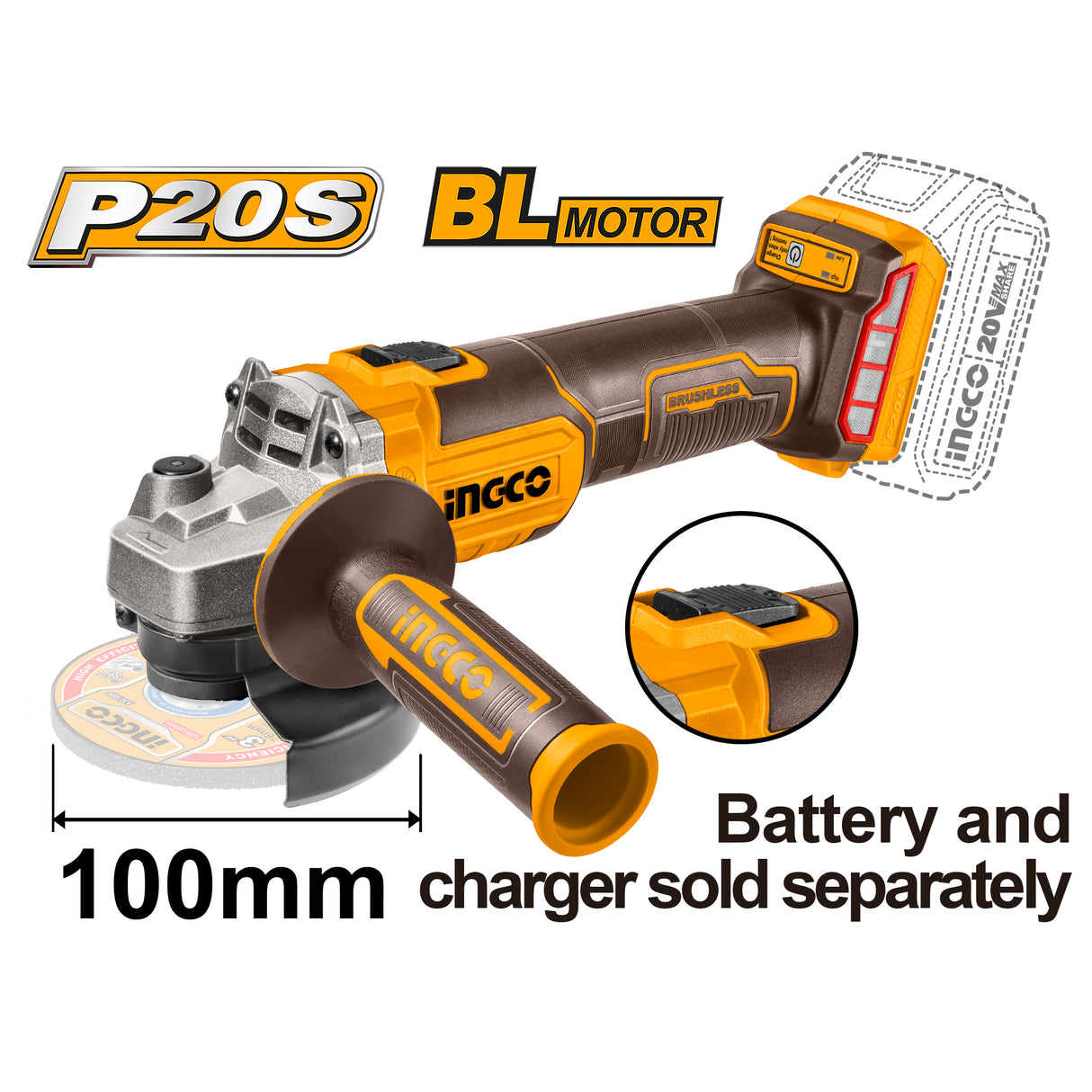 P20S 20V Cordless Li-Ion Angle Grinder CAGLI201008