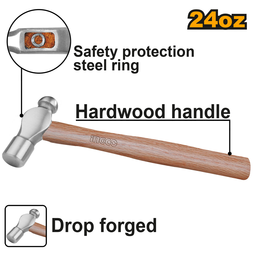 Wooden Ballpein Hammer 24oz No.45 Carbon Steel HBPH04024