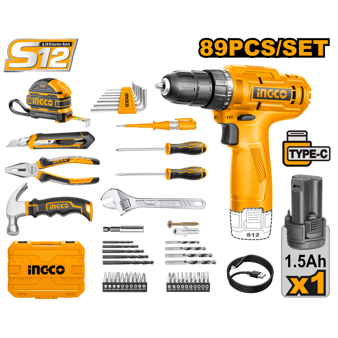 Lithium-Ion Cordless Drill Driver with 89 Pcs Household Tools Set HKTHP10891