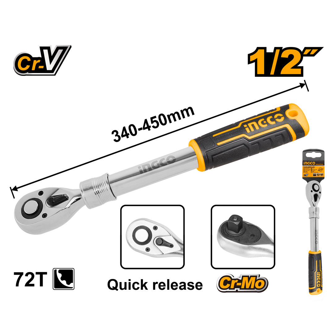 1/2 Inch 320-450mm Cr-V/Cr-Mo Extendable & Adjustable Ratchet Wrench HRTH08128L